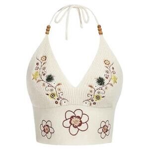 Romwe Crop Knit Embroidered Top Halter Womens Size Large